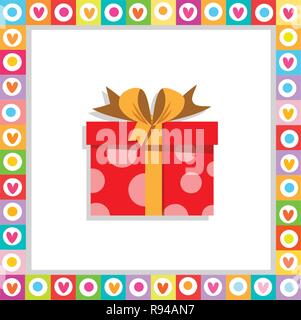 Vector illustration of cute cartoon red gift box wrapped with festive bow framed with heart frame isolated. Present icon, anniversary logo, wedding, b Stock Vector