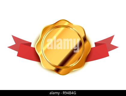 Retro gold label, vintage badge with red tape isolated on white Stock Vector