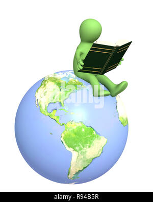 3d puppet, reading the book on Earth. Object over white Stock Photo