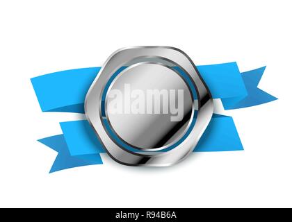 Retro silver label, luxury badge with blue tape isolated on white Stock Vector