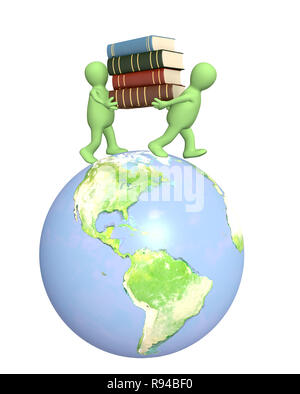 3d puppets with books on Earth. Over white Stock Photo