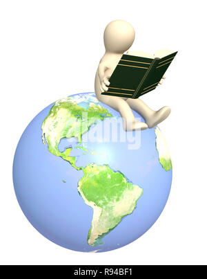 3d puppet, reading the book on Earth. Object over white Stock Photo