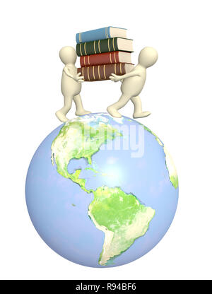 3d puppets with books on Earth. Over white Stock Photo