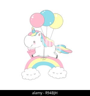 Unicorn Flying Balloons Over Rainbow Birthday Card. Happy Little Pony Hold Gift. Can be used for t-shirt print, kids wear fashion design, baby shower invitation card. Postcard Design Stock Vector