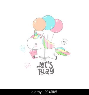 Cute Baby Unicorn Fly on Balloon Dream Card Design. Magic Fantasy Pony Character Holding Gift Box Birthday Banner Can be used for t-shirt print, kids wear fashion design, baby shower invitation card. Stock Vector