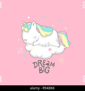 Unicorn Dream Big Fairy Poster Vector Template. Magic Inspirational Watercolor Print Template with Little Horn Pony Sleeping on Cloud. Fairy Motivation Printable Banner Flat Cartoon Design Stock Vector