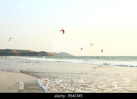 India, GOA - 21 February, 2013: People ride on Kitesurf at sea in Goa Stock Photo