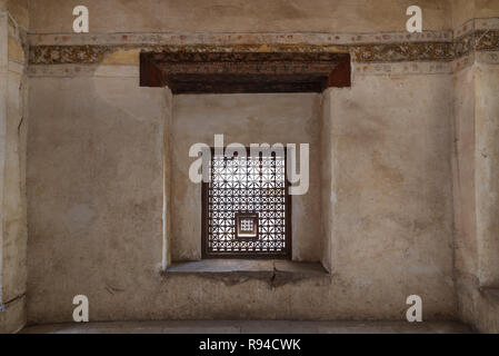 Interleaved grunge wooden window (Mashrabiya) at historic Beit El Set Waseela building (Waseela Hanem House), Medieval Cairo, Egypt Stock Photo