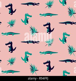 Crocodile and dino cute green and blue kids pink pattern design. Stock Vector