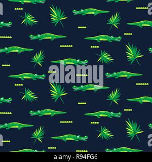 Crocodile cute green and blue kids pattern design. Stock Vector