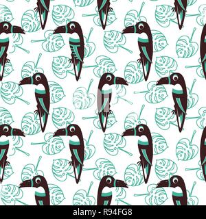 Cute toucan and exotic leaves plant seamless pattern. Stock Vector