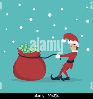 Christmas card of leprechaun pulling bag full of money Stock Vector