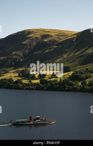 A steamer on Ullswater in the Lake District National Park, Cumbria, North West England, United Kingdom. Stock Photo
