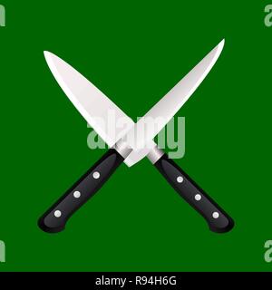 Two kitchen knives cross on a colored background. Vector illustration in 3d style Stock Vector
