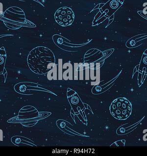Vector Hand drawn seamless pattern with Jupiter, Mars, Saturn, Neptune planets, moon and flying rockets on the starry textured background. Space eleme Stock Vector
