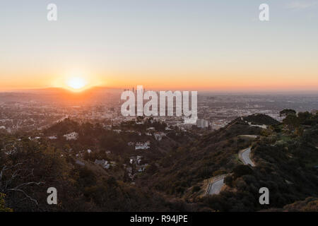 Sunrise cityscape view towards Hollywood and downtown Los Angeles from Runyon Canyon Park in the Santa Monica Mountains. Stock Photo