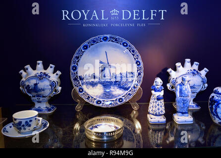 Collection of  the world famous blue Delftware on display at the Royal Delft Pottery, Delft, Holland, The Netherlands Stock Photo