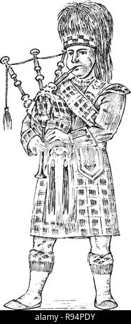 Scotsman in national costume. Traditional Caledonian scottish dress. North Briton or Sawney. Vintage Engraved hand drawn monochrome sketch. Stock Vector