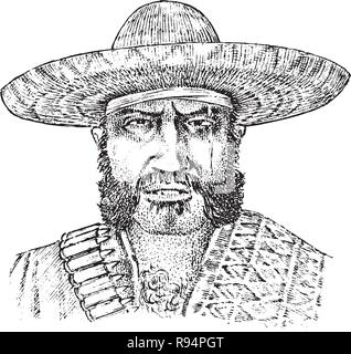 Cowboy face close up. Mexican man. Sheriff in sombrero hat. Western rodeo icon, Texas Ranger, Wild West, Country style. Vintage Engraved hand drawn sketch. Stock Vector