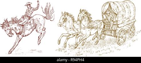 Cowboys in the carriage. Vintage horse harness or sheriff s cart. Western rodeo icon, Texas Ranger, Sheriff in hat. Wild West, Country style. Hand drawn engraved sketch. Stock Vector