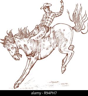 Cowboy riding a horse. Western rodeo icon, Texas Ranger, Sheriff in hat. Wild West, Country style. Vintage Engraved hand drawn sketch. Stock Vector