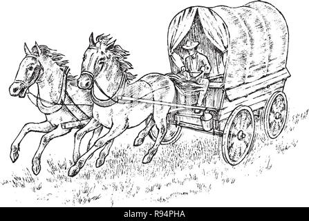 Cowboy in the carriage. Vintage horse harness or sheriff s cart. Western rodeo icon, Texas Ranger, Sheriff in hat. Wild West, Country style. Hand drawn engraved sketch. Stock Vector