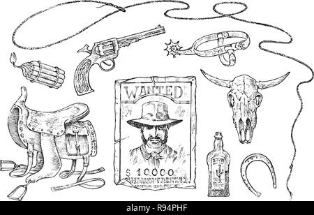 Set of cowboys. Western icons, Texas Rangers. Wild West. Portrait of a criminal man, sheriff and saddle, skull of a bull, whip revolver trap. Vintage Engraved hand drawn sketch. Stock Vector