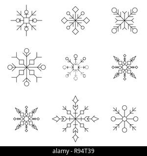 Snowflakes icons set. White silhouette snow flakes signs, isolated on white background.Vector illustration. Flat lineart design.Fine lines.Rounded cor Stock Vector