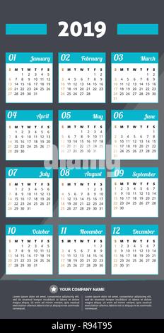 Calendar 2019 vector design. All elements are on separate layers. Vector, illustration, eps 10 Stock Vector