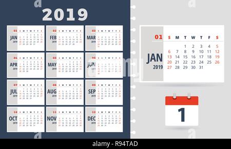 Calendar 2019 vector design. All elements are on separate layers. Vector, illustration, eps 10 Stock Vector