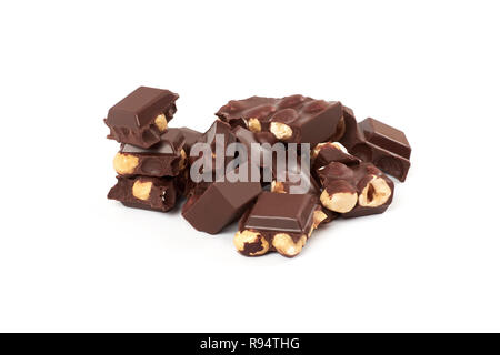 Chocolate pieces with nuts isolated on white background Stock Photo