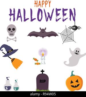 Set of Halloween Fun and Colorful Design Elements and Icons on White Background Stock Vector