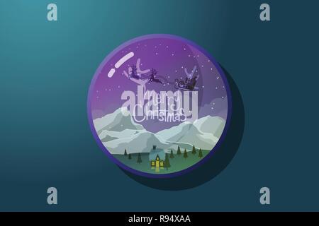 Christmas greeting banner in circle badge. Merry Christmas text and reindeer with sleigh with gift box fly over winter landscape night. vector illustr Stock Vector