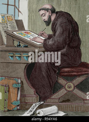 Monk Copyist copying manuscript Stock Photo - Alamy