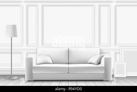 Modern sofa on background of white wall decorated with moulding panels. Parquet floor and white wall. Vector detailed realistic illustration. Stock Vector