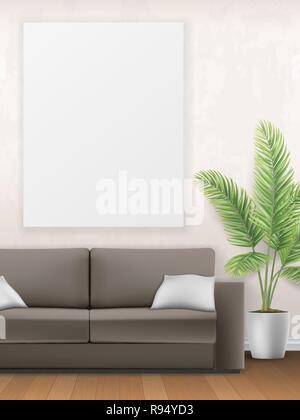 Mockup of the interior with sofa, palm tree and poster on wall. Living room. Stock Vector