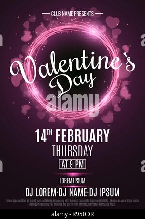Happy Valentine's Day party flyer. Neon glowing pink banner with flying blurred hearts. Twisted stripes. DJ and club name. Magical falling dust. Vecto Stock Vector