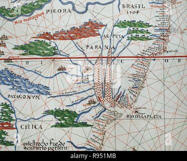 Portolan atlas of the world by Joan Martines (1556-1590). Messina, 1587. Detail of South America. Atlantic Coast. National Library. Madrid. Spain. Stock Photo