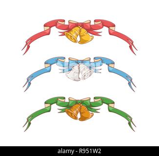 Christmas decorations set ribbons with bells ornament collection three colors red, blue and green with golden, silver and bronze bells isolated vector Stock Vector