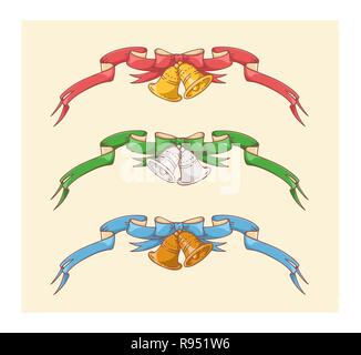 Christmas ornaments set ribbons with bells decorations collection of three colors red, blue and green with golden, silver and bronze bells isolated ve Stock Vector