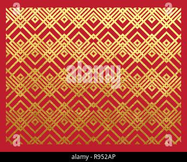 Oriental ancient geometric pattern real golden paint metallic foil ornament on lucky red paper with gold ink or glitter background Chinese new year. Stock Vector