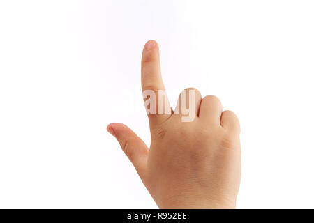 Child right hand tapping with index finger closeup - isolated on white ...