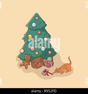 Christmas tree decorated with baubles with toys and gifts present boxes pile and cat playing with box ribbon vector illustration Stock Vector