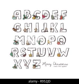 Full set of Christmas alphabet vector winter holidays sketched letters isolated on white background with symbols and ornaments of Merry Christmas and  Stock Vector