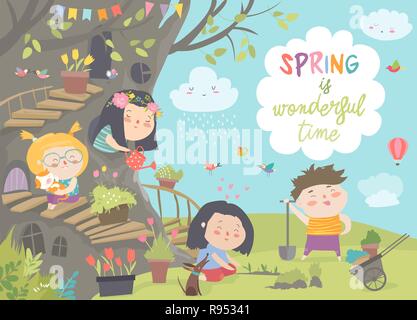 Cute cartoon kids are gardening in spring park Stock Vector