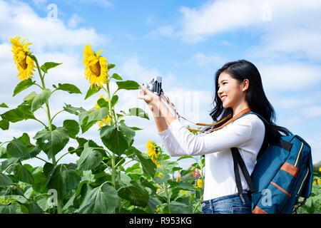 Asian young woman visit sunflower field - Image Stock Photo