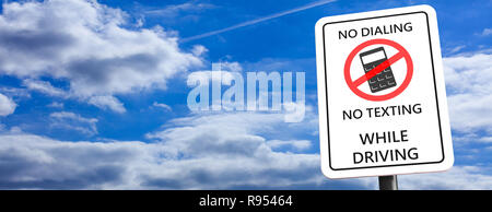 No dialing, no texting while driving. White sign on blue cloudy sky background, space for text, banner. 3d illustration Stock Photo