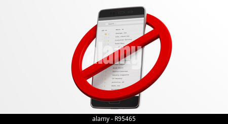 NO MOBILE PHONES USE, crossed out sign. Smartphone in red circle isolated cutout against white background. 3d illustration Stock Photo