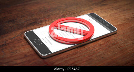 NO MOBILE PHONES USE, no dialing, no texting, crossed out sign. Smartphone in red circle on wooden background. 3d illustration Stock Photo