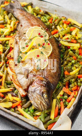 Baked fish trout with vegetables (potatoes, carrots, string beans, green peas and onions) with lemon, thyme and pink pepper. Wild salmon. Delicious he Stock Photo